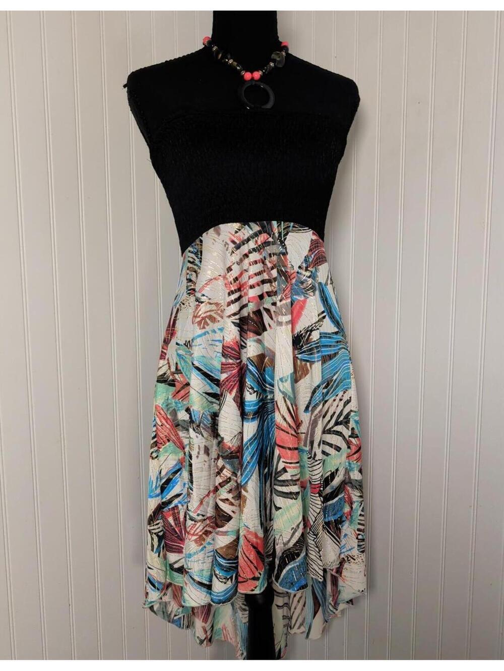 Shoreline Strapless Smocked Top Dress Colorful Tropical Leaf Print OS